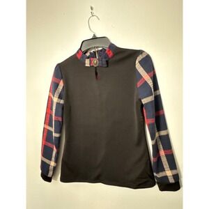 Fashion Top Women Small Black Excellent Plaid Mock Neck Bow Pearl Zipper